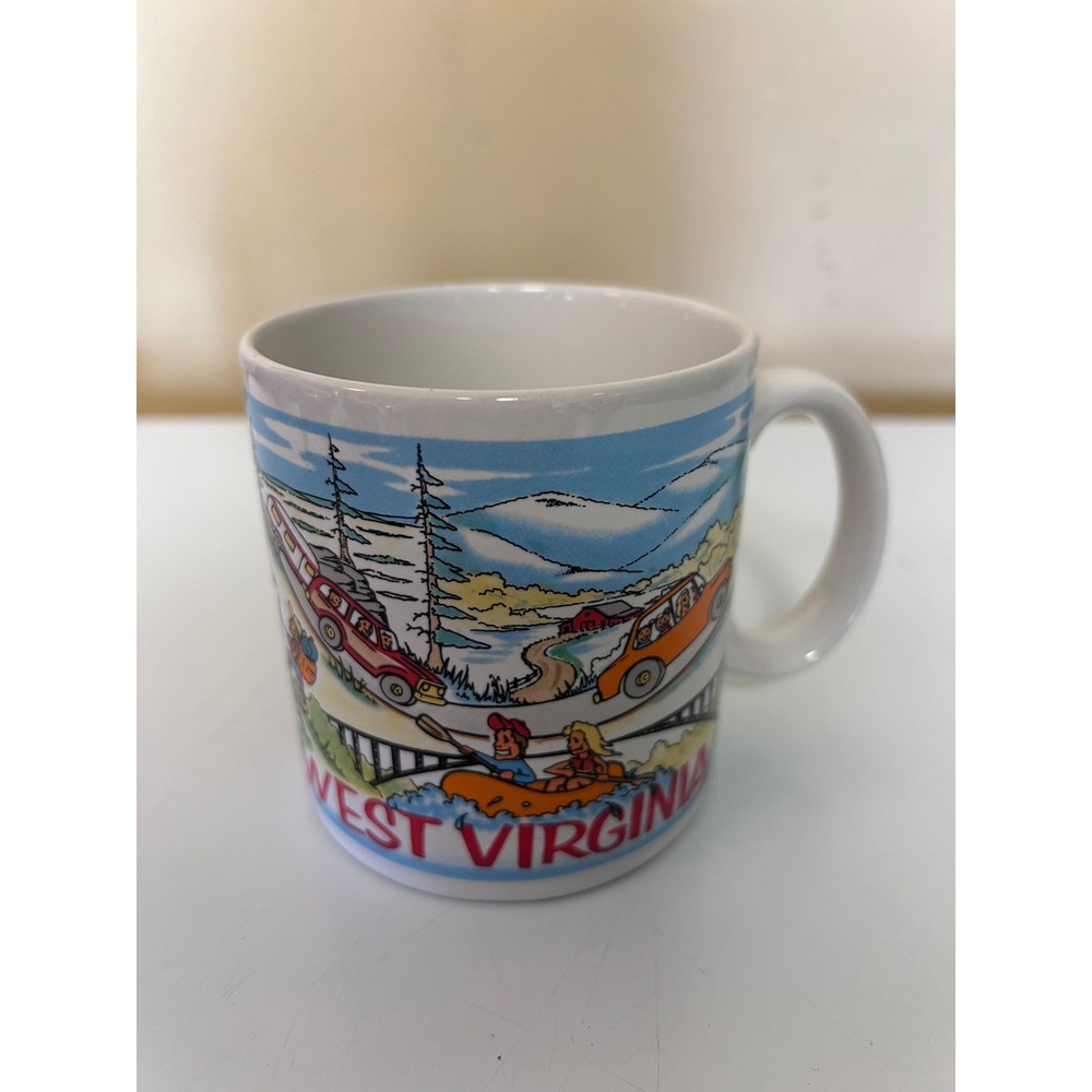 Vintage West Virginia Souvenir Coffee Mug Cartoon Mountain Rafting Scene White